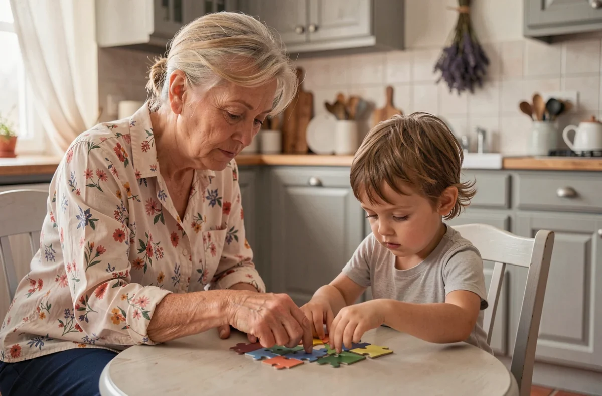 Grand-mère aidant son petit-enfant à assembler un puzzle à la table de cuisine pour soutenir le développement cognitif et la motricité fine