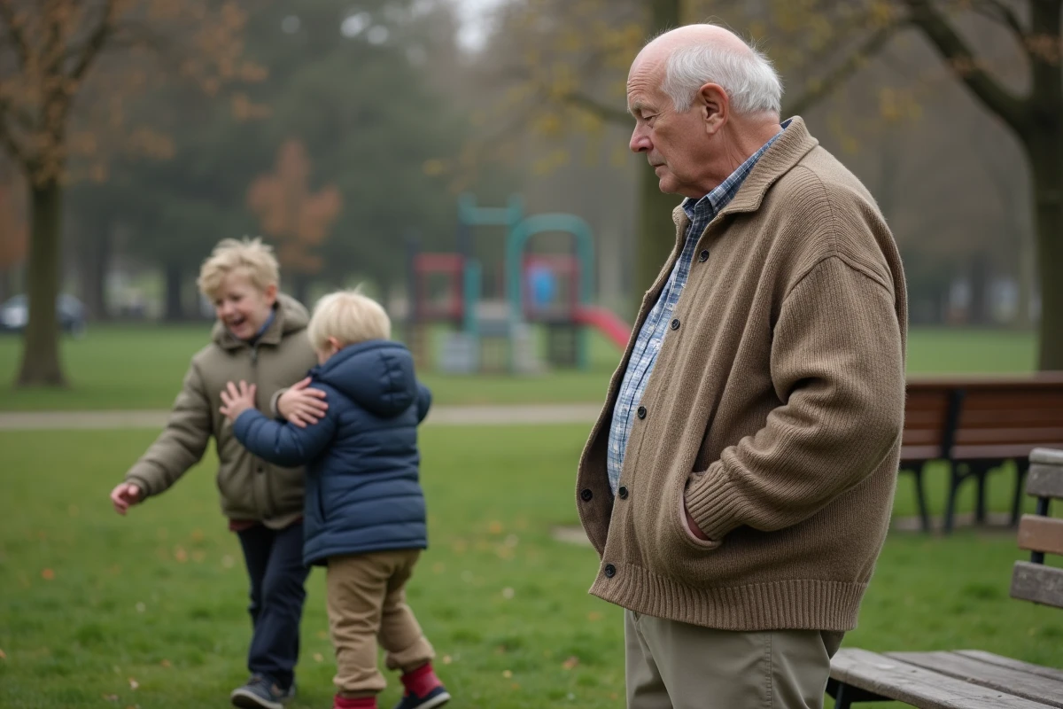 Grand-pere regarde son petit-fils jouer dans un parc