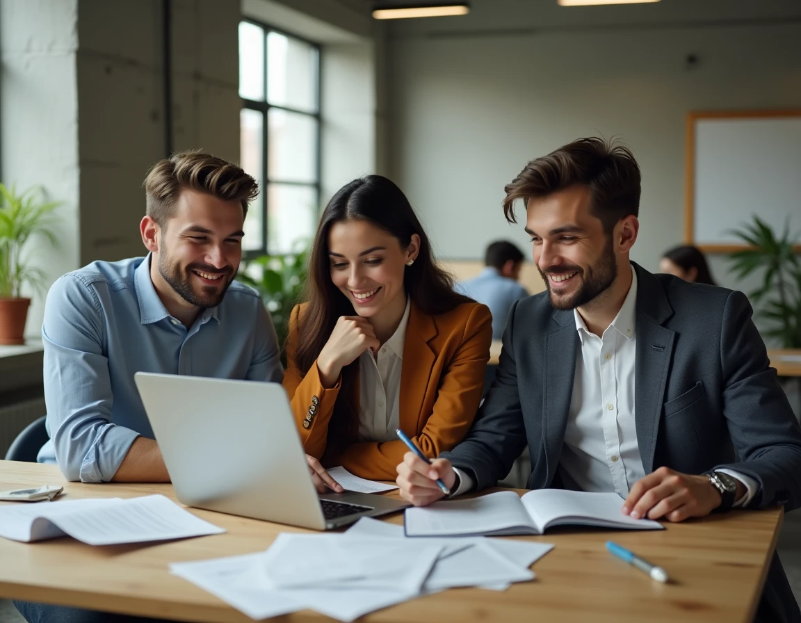 Groupe de jeunes adultes préparant ensemble les tests psychotechniques SNCF autour d'un ordinateur portable dans un espace de coworking