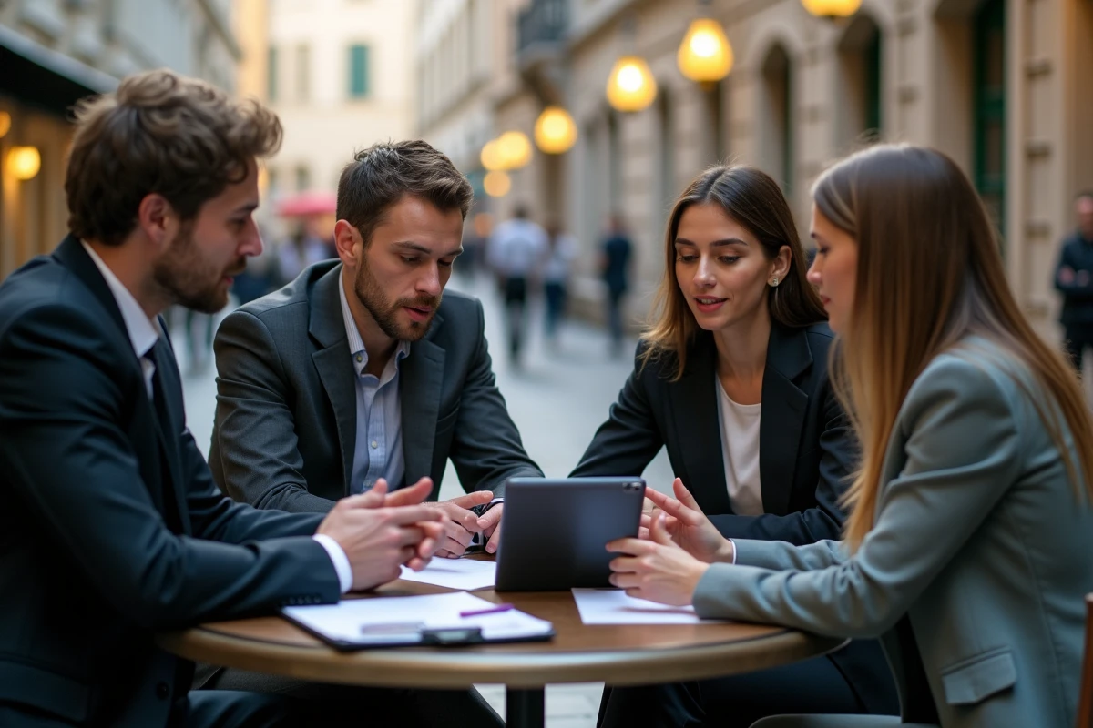 Groupe de professionnels discutant en terrasse de café urbain