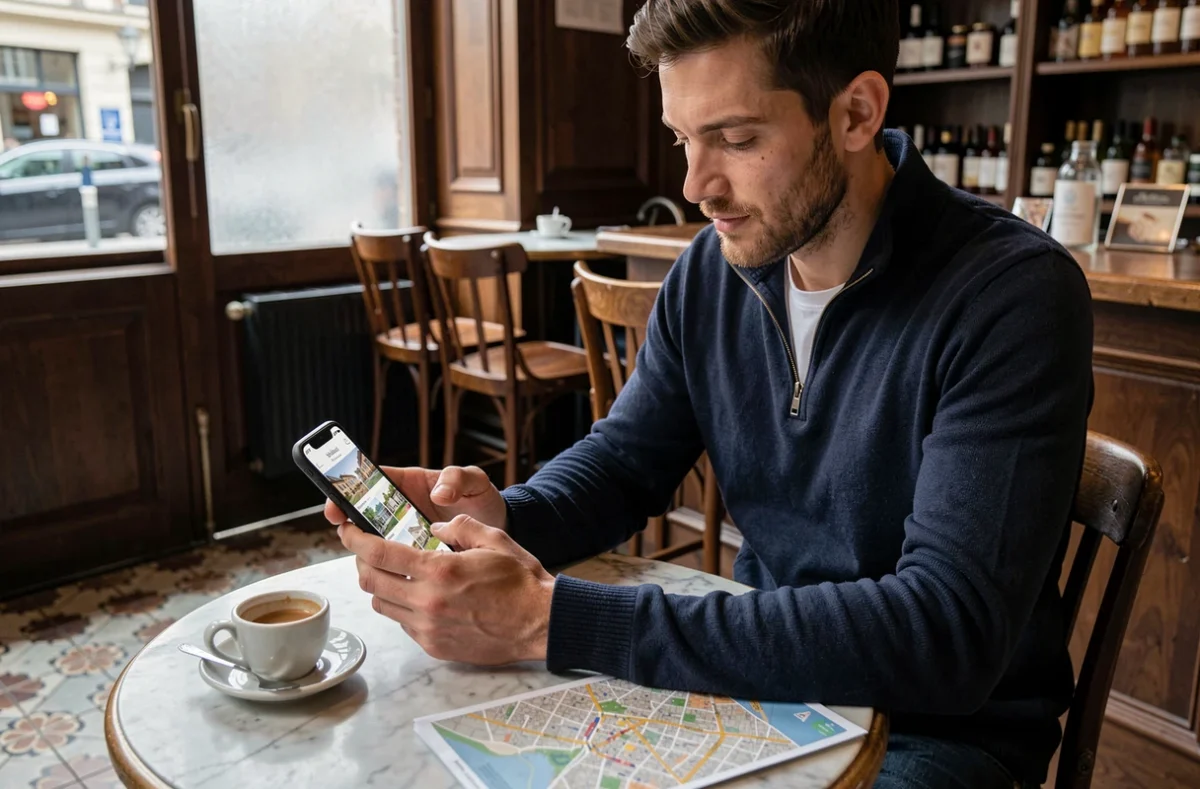 Jeune homme recherchant des annonces immobilières sur smartphone dans un café bruxellois