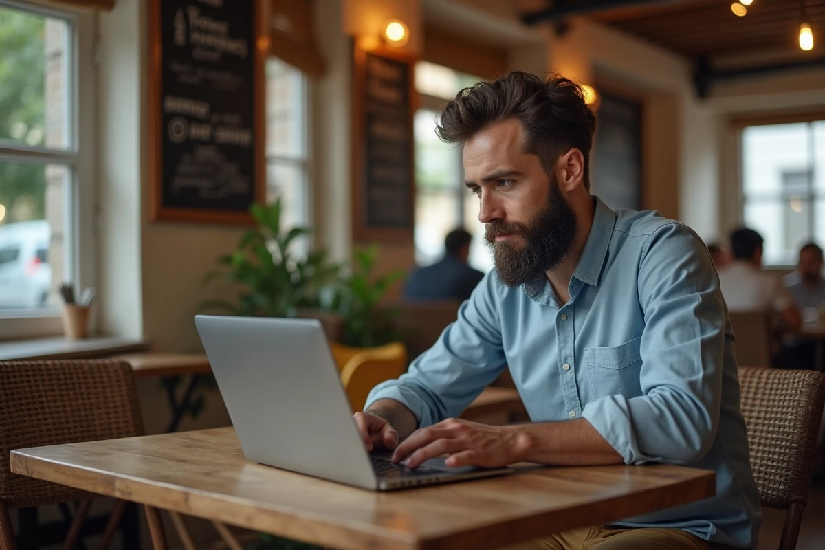Homme barbu travaillant sur un ordinateur dans un café animé