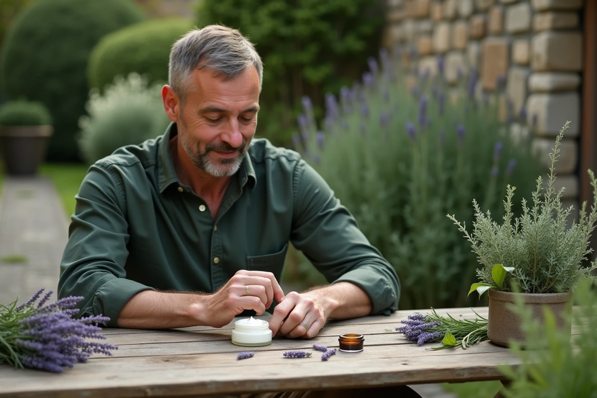 Homme arrangeant lavande et herbes dans un jardin