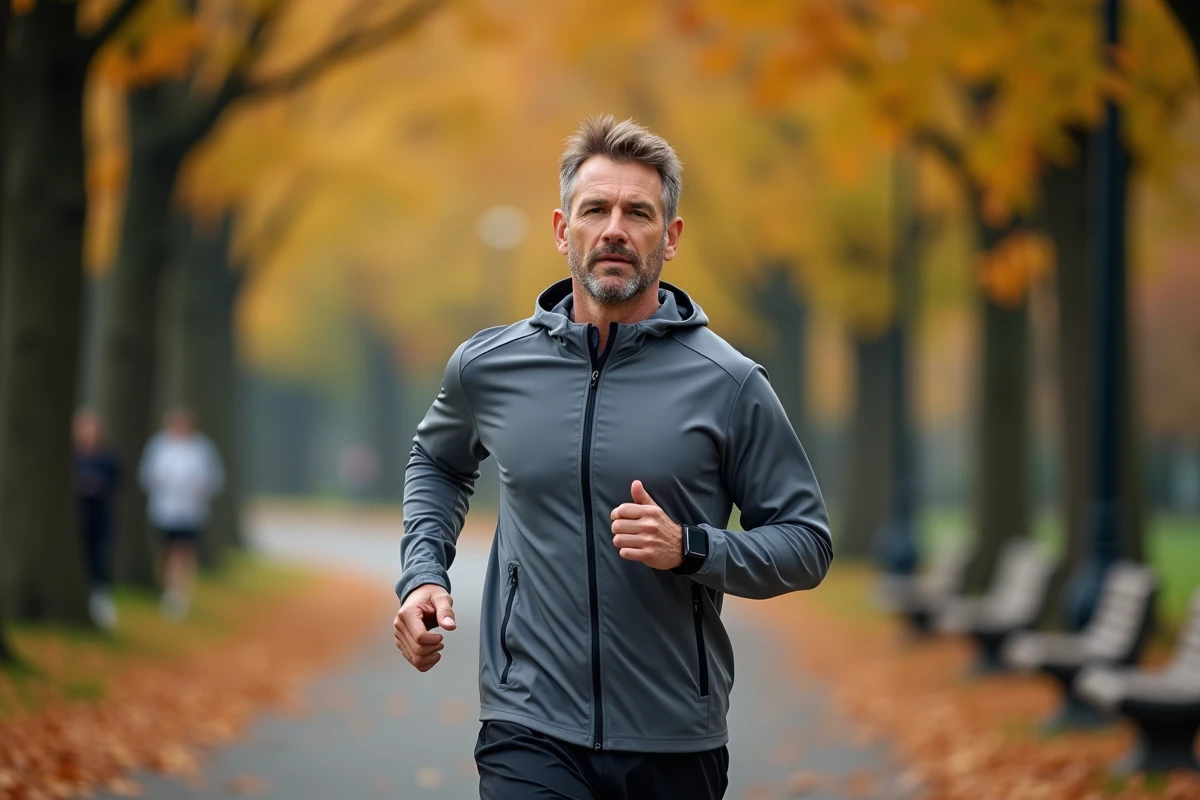 Homme faisant du jogging dans un parc en automne dans le cadre d'une routine sportive pour maigrir sainement