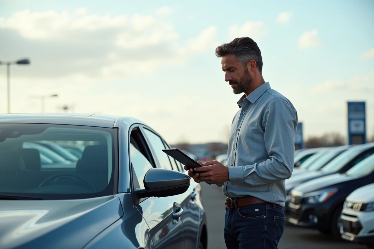 Homme lisant les caractéristiques d'une voiture sur une tablette dans un parking de concession automobile