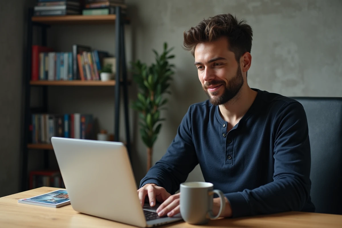 Homme parcourant une plateforme de streaming de films sur son ordinateur portable dans un bureau à domicile