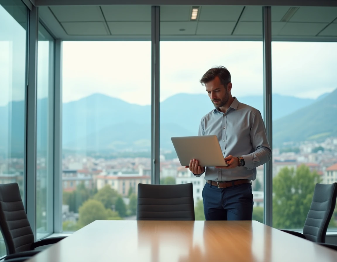 Homme consultant un portail d'applications métiers sur laptop dans une salle de réunion vitrée avec vue sur Grenoble