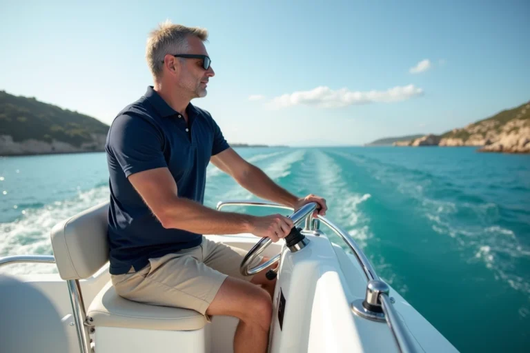 Homme en polo bleu à la barre d'un Bénéteau Flyer 8 en mer