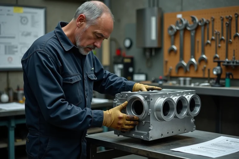 Ingénieur automobile inspectant un bloc moteur forgé en aluminium brut sur un établi d'atelier industriel