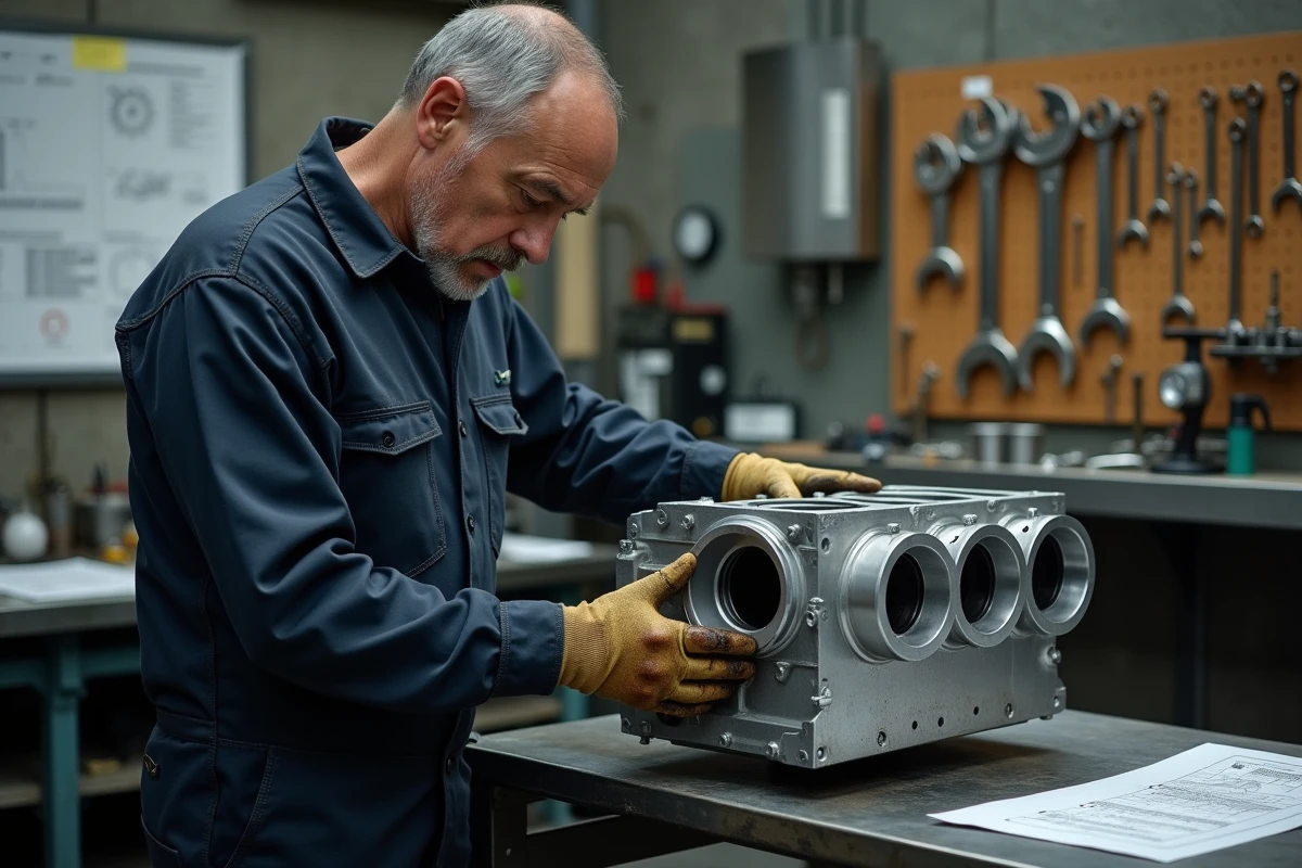 Ingénieur automobile inspectant un bloc moteur forgé en aluminium brut sur un établi d'atelier industriel