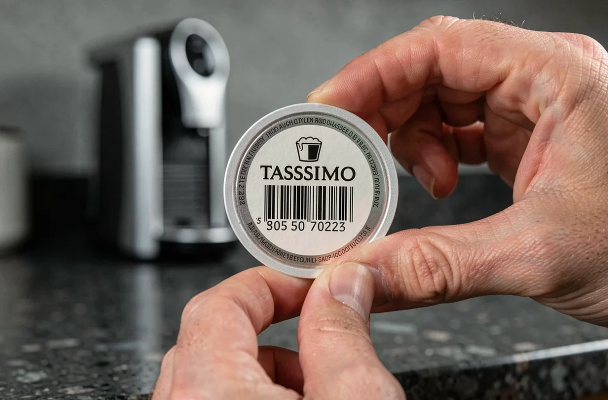 Gros plan sur un disque T-disc Tassimo tenu à la main pour inspection avant utilisation dans la machine Bosch