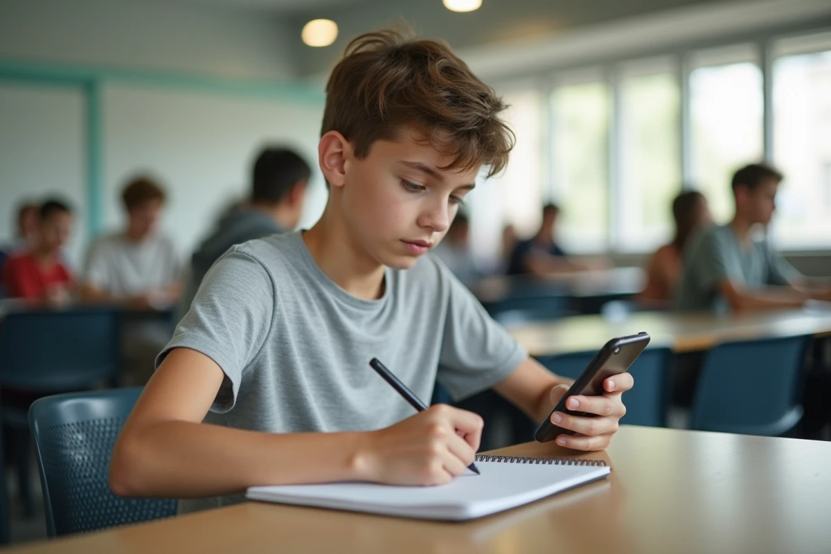 Lycéen en seconde consultant une application de suivi de notes pour calculer sa moyenne idéale