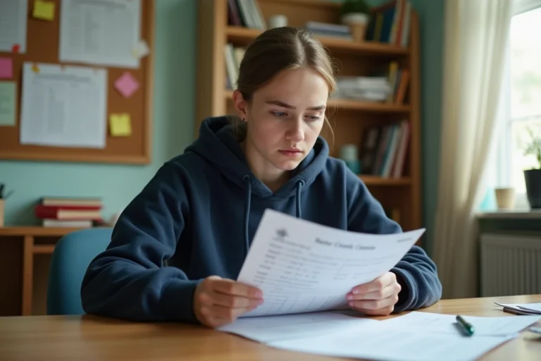 Lycéenne de seconde consultant son bulletin de notes à son bureau, expression concentrée, environnement scolaire réaliste