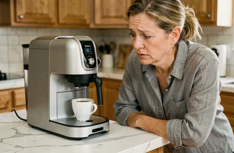 Femme perplexe devant sa machine Tassimo Bosch qui produit un petit café sous-dosé sur un comptoir en marbre blanc