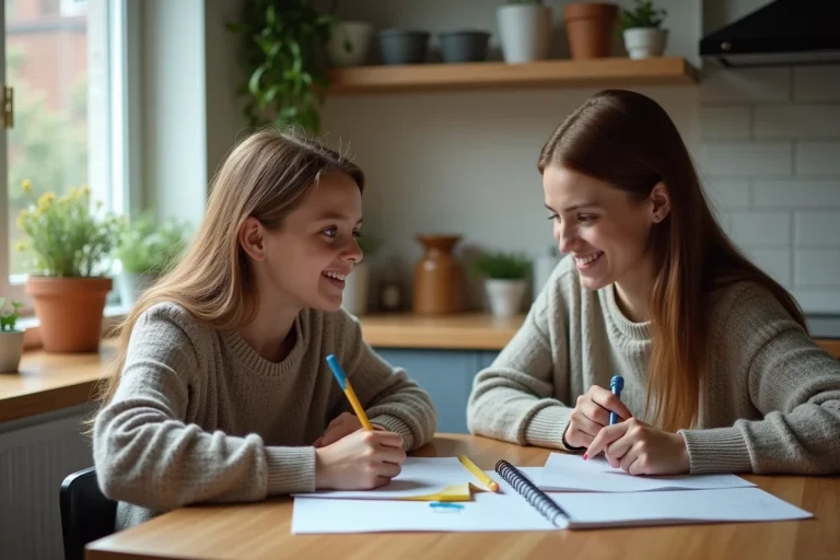 Maman aide sa fille avec ses devoirs dans la cuisine