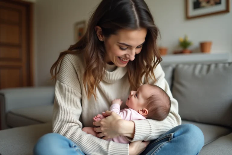 Maman souriante avec son bébé dans un salon chaleureux