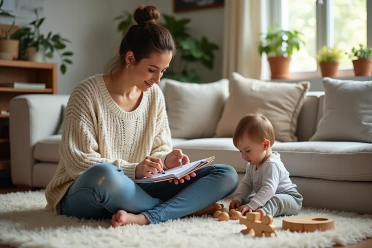 Maman calme organise un planner dans un salon cosy