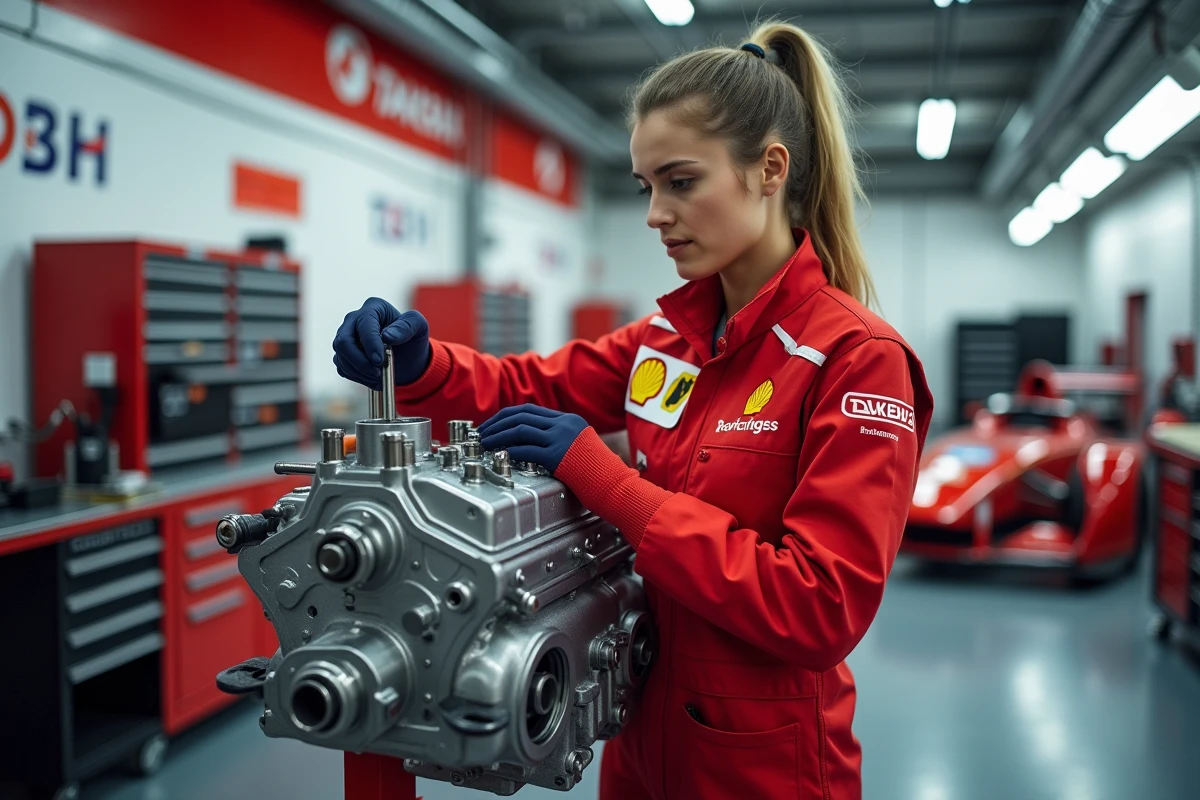 Mécanicienne de compétition assemblant un piston forgé dans un moteur de course sur un stand de paddock de motorsport professionnel
