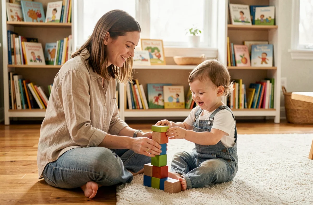 Mère et enfant en bas âge jouant avec des cubes en bois colorés sur le plancher d'un salon pour stimuler l'éveil et le développement