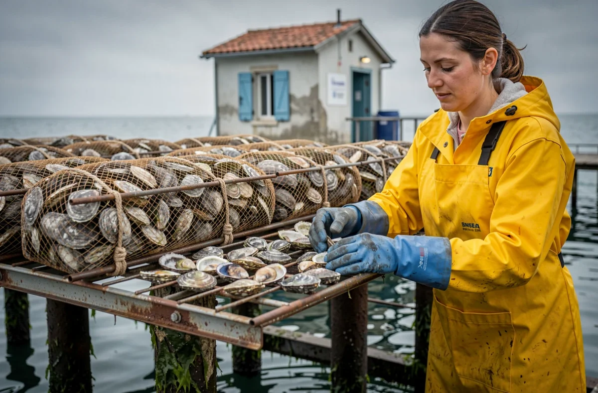 Travailleuse triant des huîtres sur un mas ostréicole du littoral méditerranéen similaire au décor de la série Demain Nous Appartient