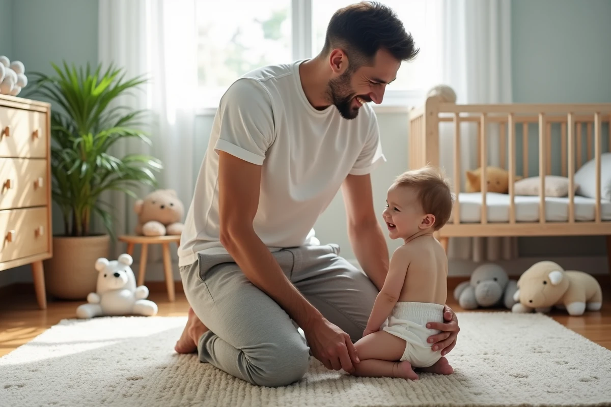 Papa changeant son bébé en riant dans la nurserie