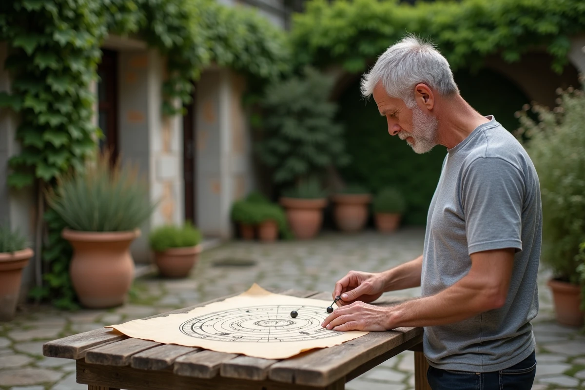 Homme utilisant un pendule sur une échelle de Bovis dessinée à la main pour mesurer sa vibration énergétique
