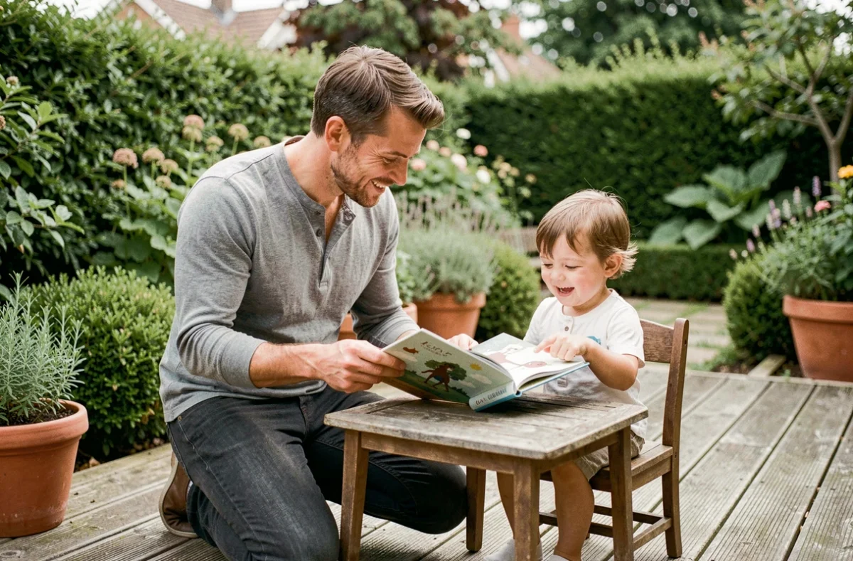 Père lisant un livre illustré à son enfant en bas âge dans un jardin pour favoriser l'éveil au langage et à la lecture