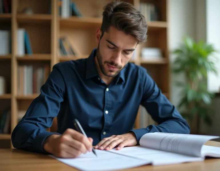 Jeune homme concentré en train de remplir un test psychotechnique SNCF sur un bureau en bois dans une salle d'étude moderne