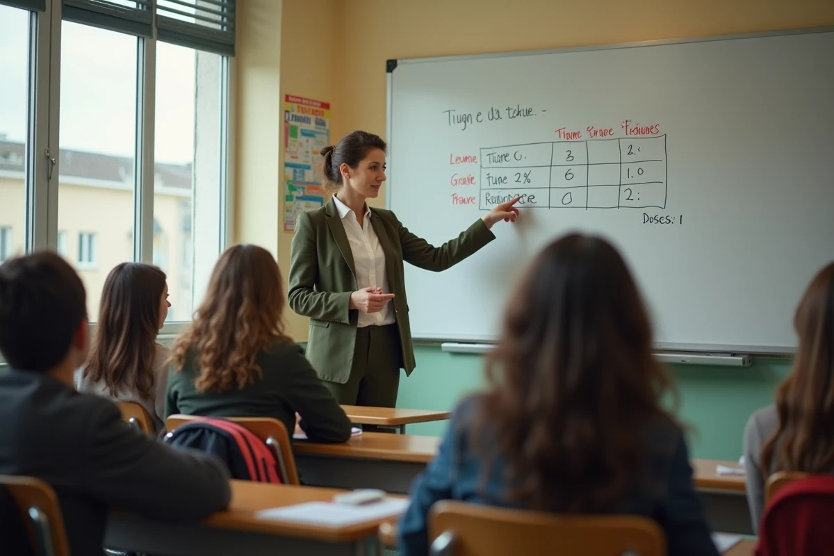 Professeure expliquant les moyennes et le barème de notation à des élèves de seconde en classe
