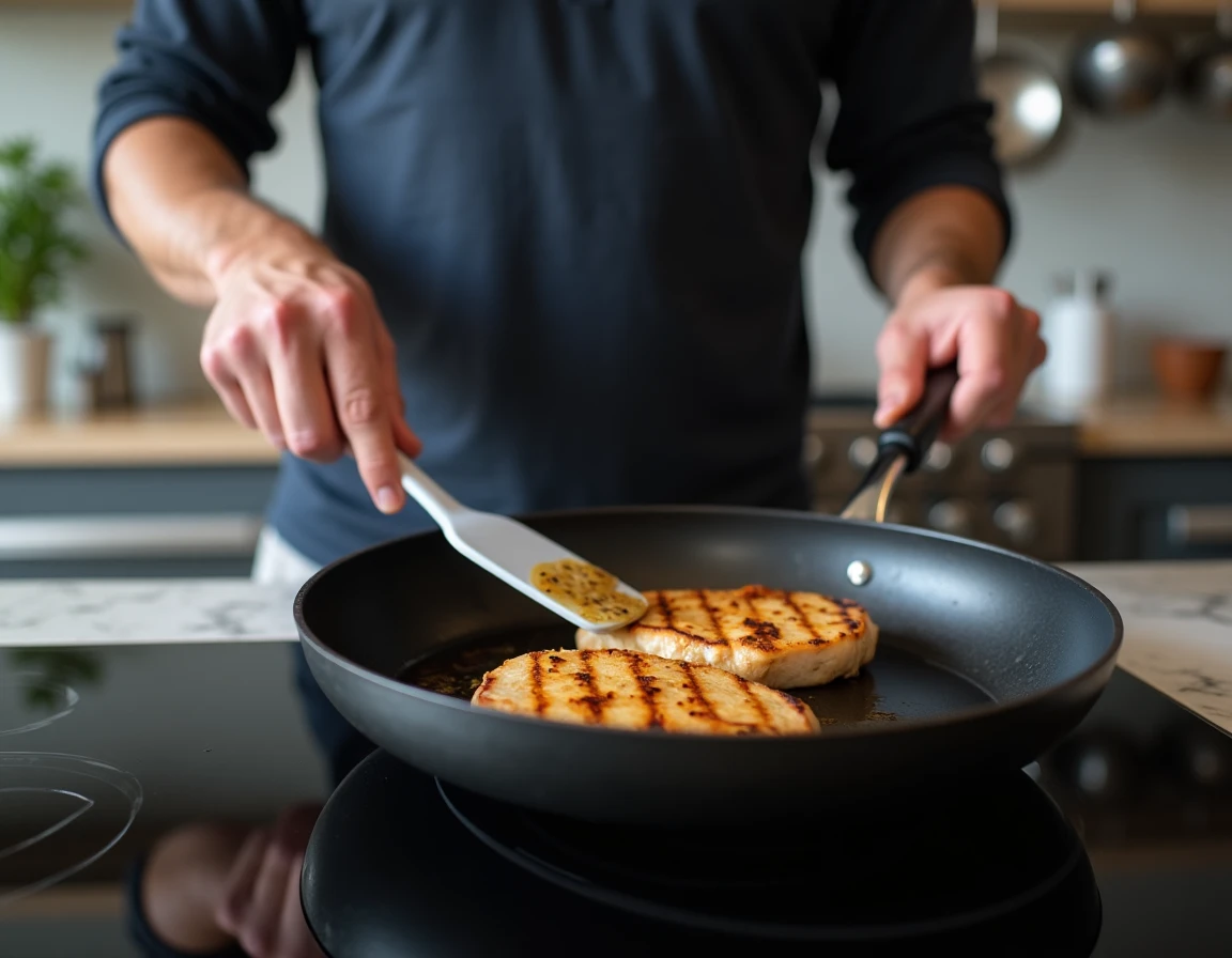 Homme réchauffant du poulet grillé tranché dans une poêle avec du bouillon pour conserver le moelleux de la viande
