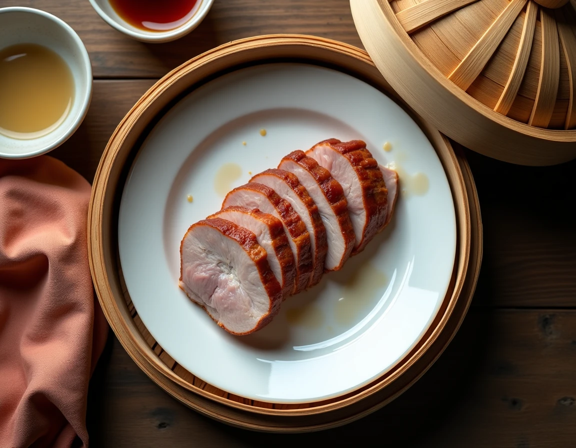 Technique de réchauffage de viande de porc cuite à la vapeur dans un panier bambou pour préserver le moelleux et l'humidité