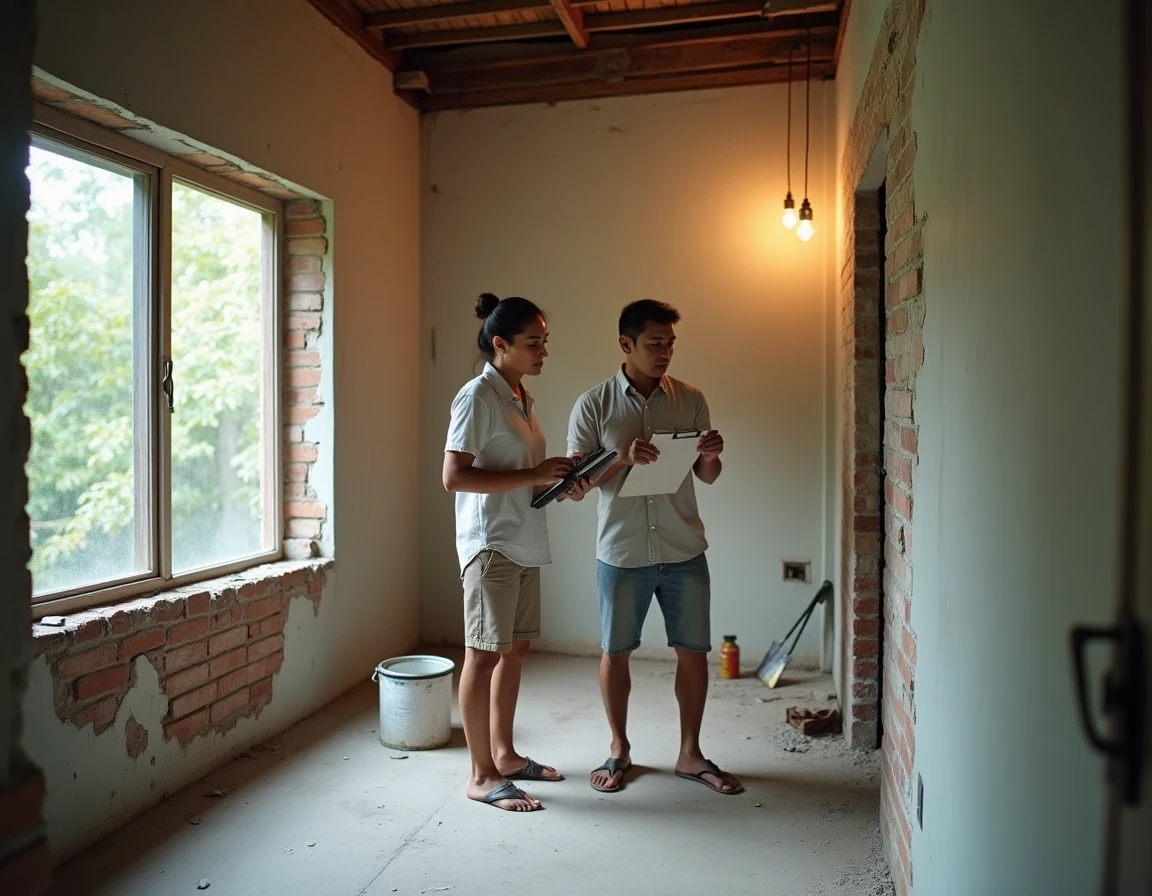 Couple mixte inspectant l'intérieur d'une maison à rénover en Thaïlande pour un achat à petit budget