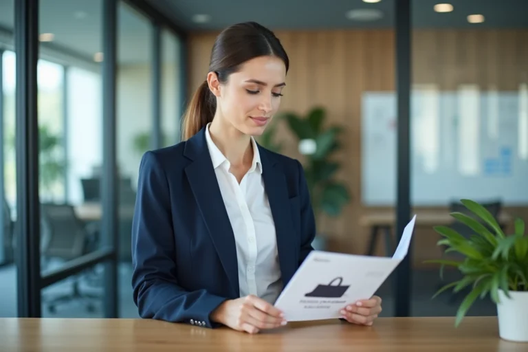 Responsable achats en entreprise consultant un catalogue de totes isothermes Isotoner dans un bureau moderne