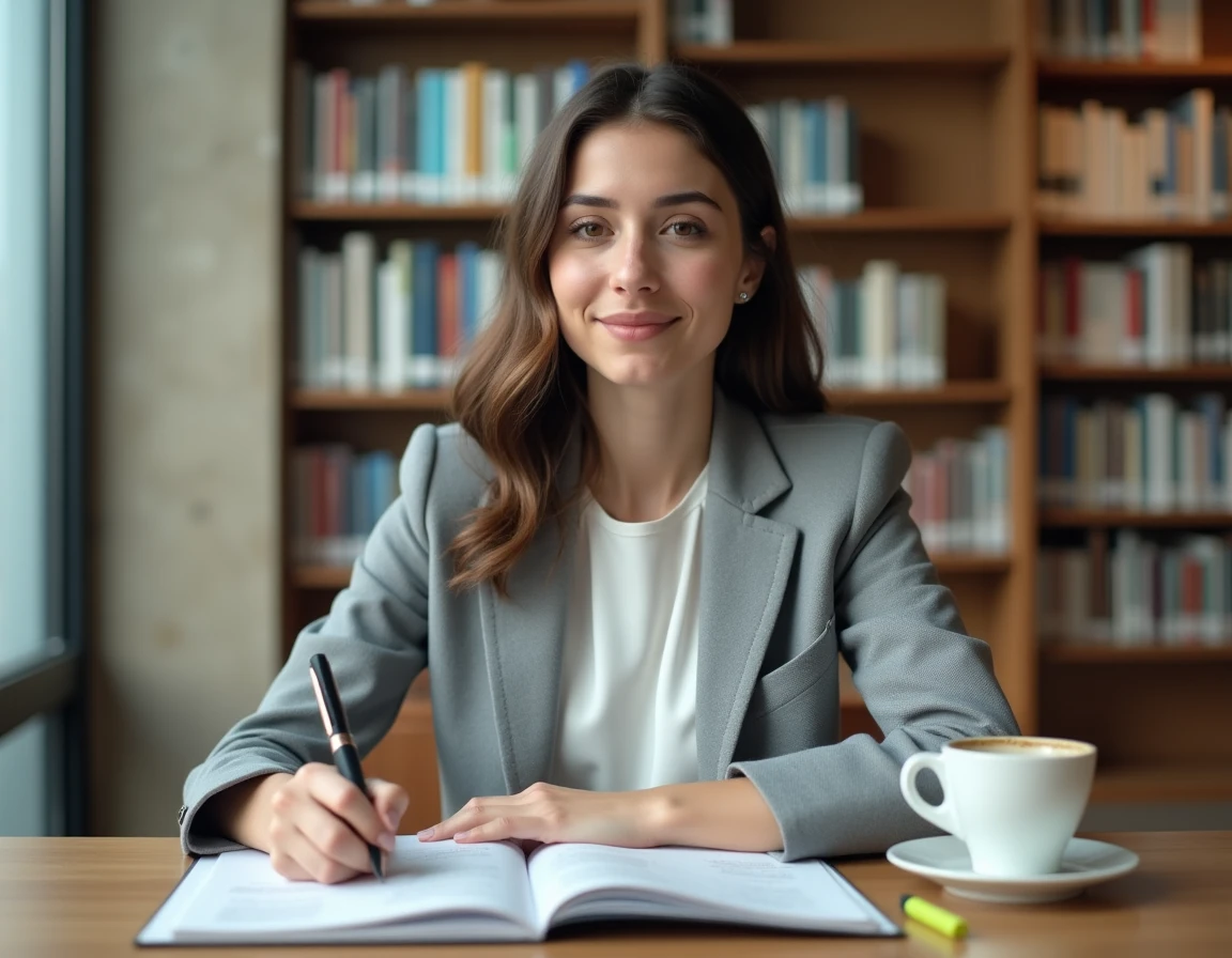 Femme révisant ses notes de préparation aux tests psychotechniques SNCF dans une bibliothèque publique avec un guide ouvert