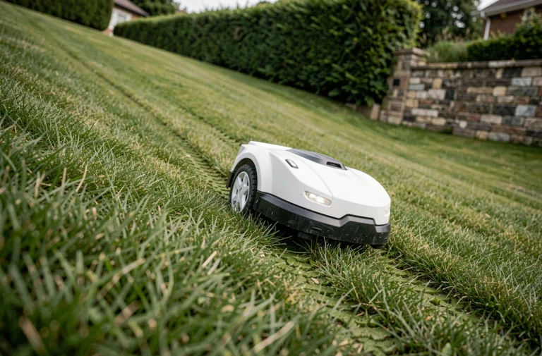 Robot tondeuse blanc naviguant en autonomie sur un terrain en pente dans un jardin résidentiel