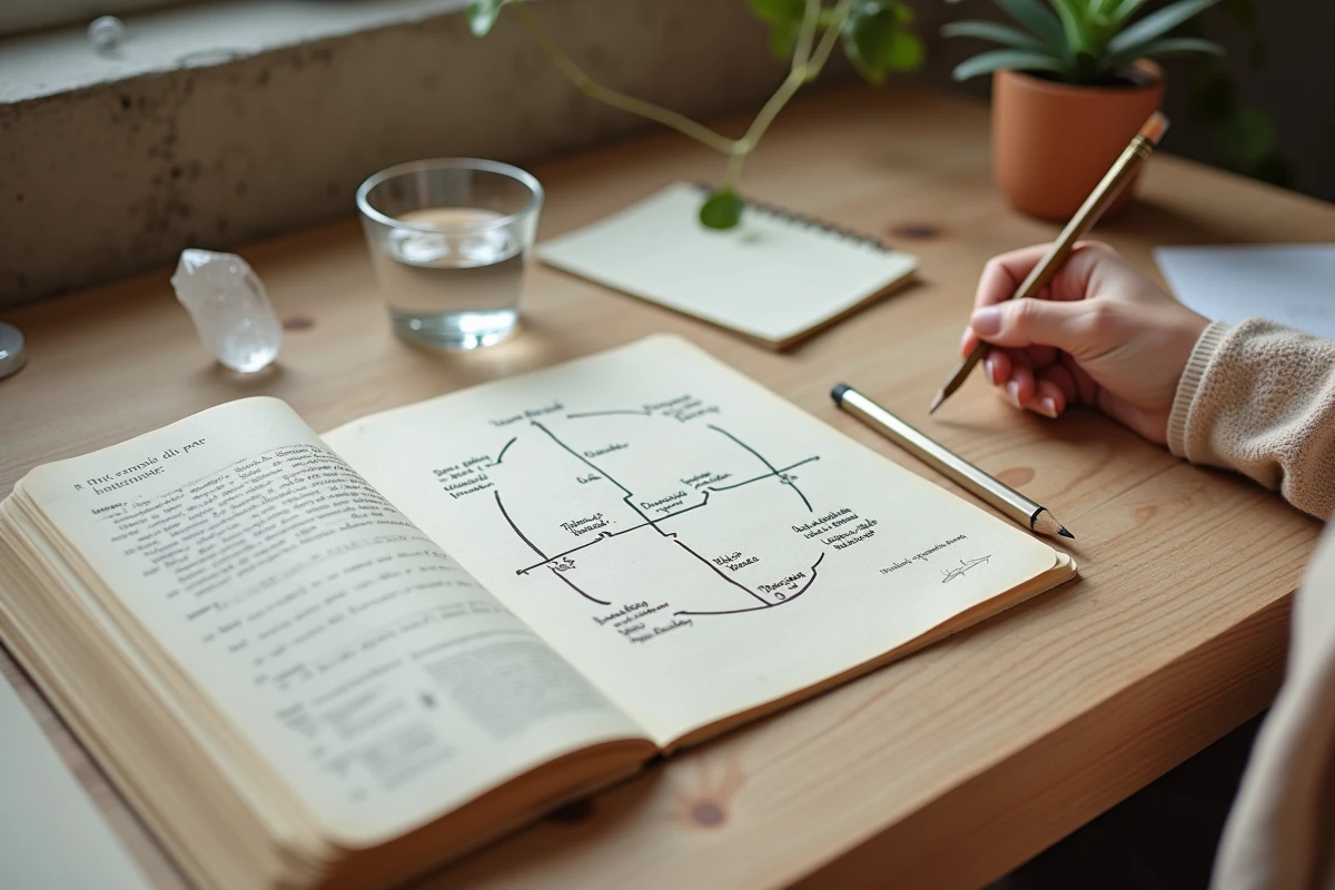 Schéma de l'échelle de Bovis dessiné à la main sur un carnet avec cristal de quartz pour mesurer la fréquence vibratoire
