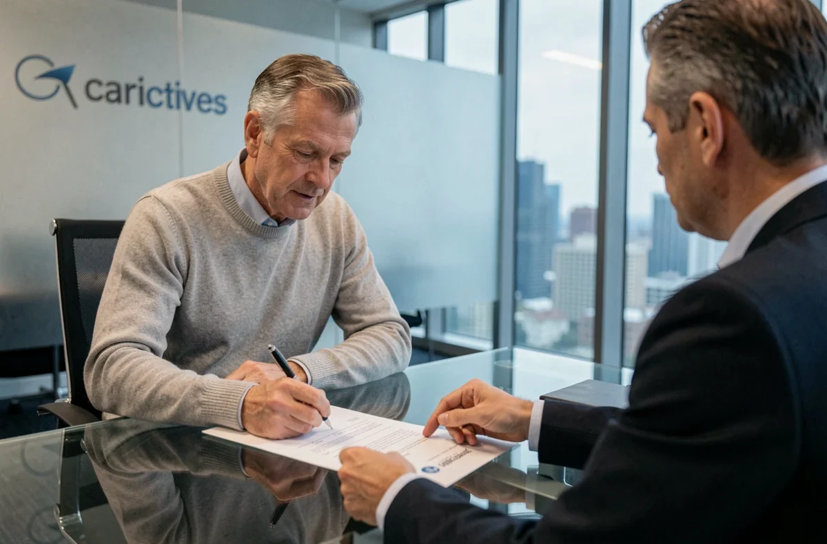 Homme signant un contrat d'investissement immobilier lors d'une réunion avec un conseiller financier