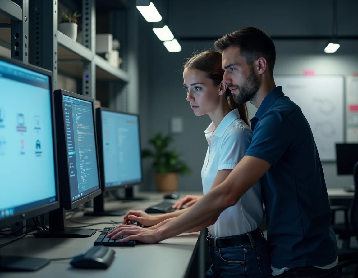 Deux techniciens informatiques collaborant sur la configuration d'accès à des applications métiers dans un service IT municipal