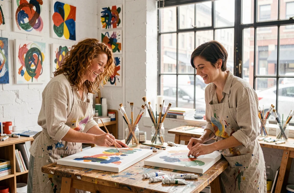 Deux femmes riant ensemble en peignant sur des toiles dans un atelier d'art lumineux aux murs blancs