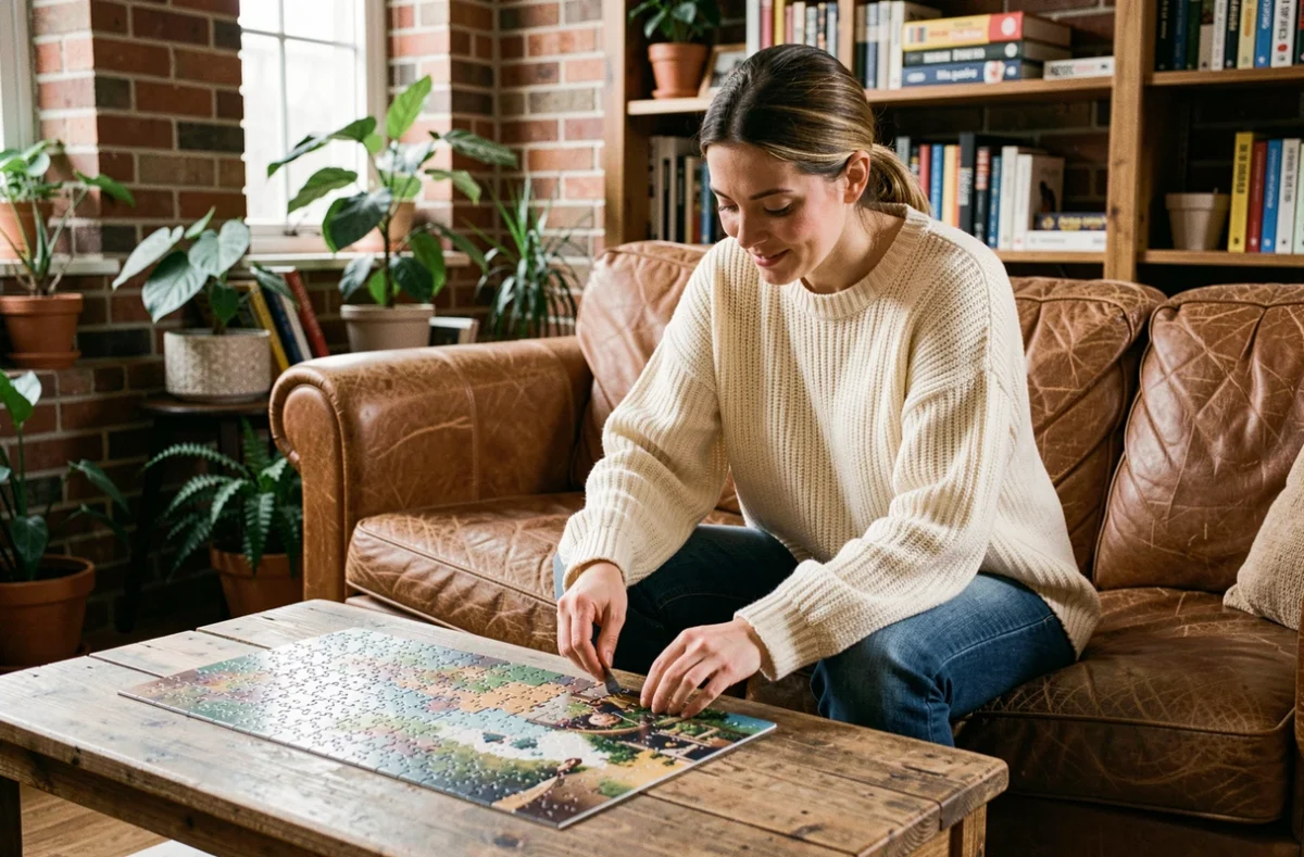 Femme détendue faisant un puzzle sur une table basse en bois dans un salon cosy aux murs en briques apparentes