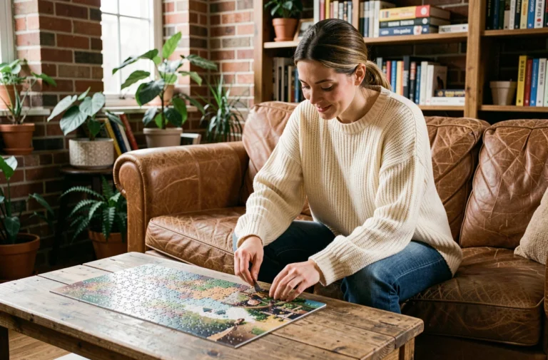 Femme détendue faisant un puzzle sur une table basse en bois dans un salon cosy aux murs en briques apparentes