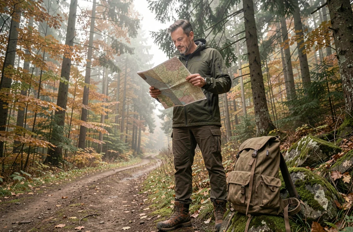 Randonneur masculin consultant une carte topographique sur un sentier forestier en automne avec sac à dos et veste de randonnée