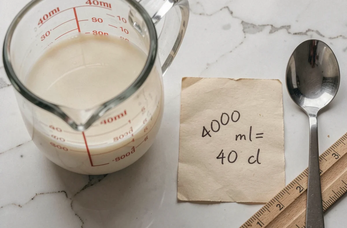 Gros plan d'un verre doseur avec 400 ml de lait et une note de conversion en centilitres posés sur un plan de travail en marbre blanc