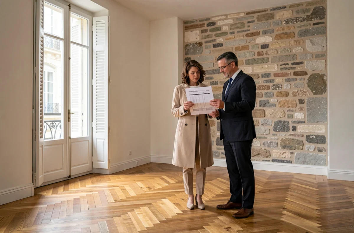 Deux professionnels de l'immobilier analysant une estimation comparative dans un appartement vide à Lyon